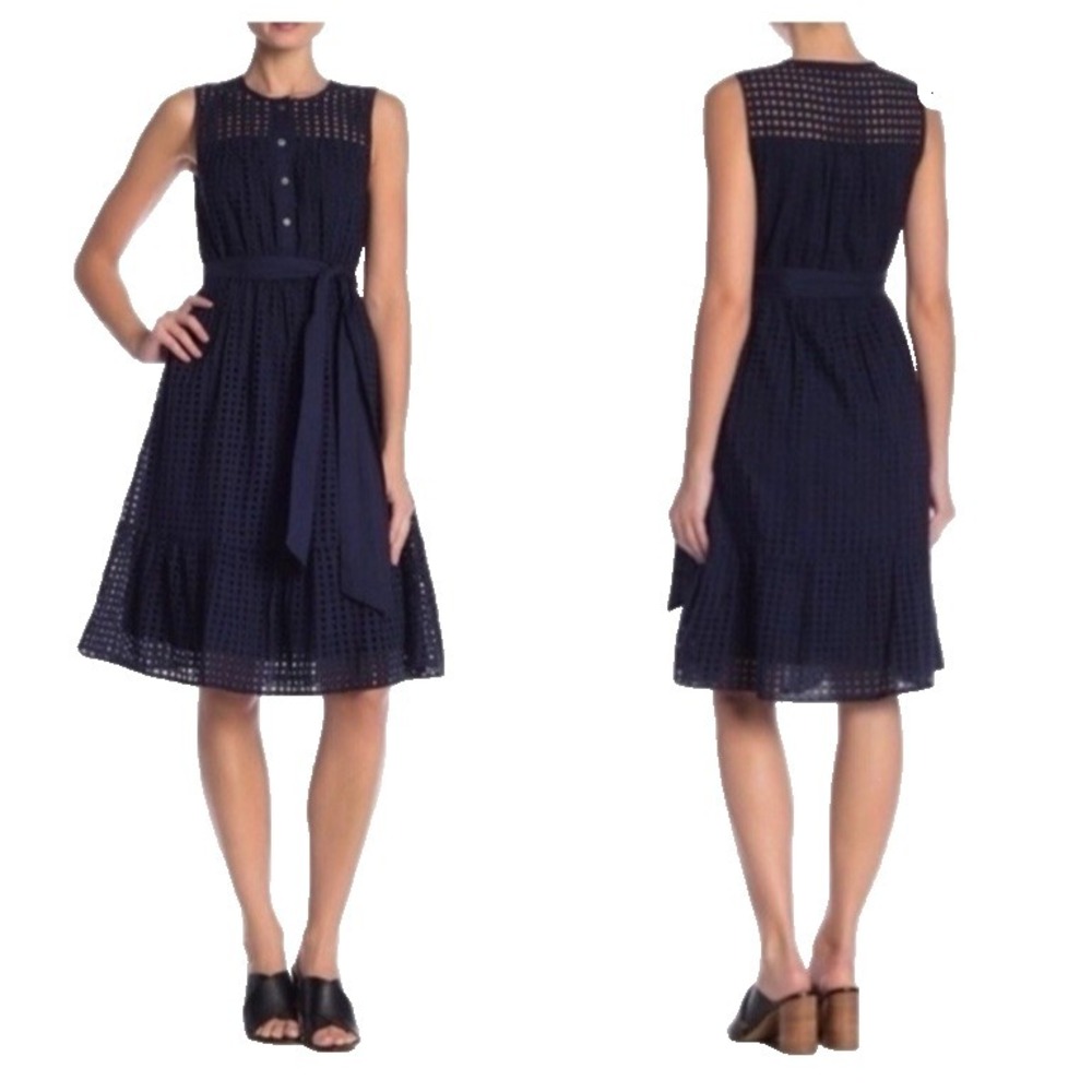J. Crew Navy Blue Sleeveless Eyelet Dress Sz 12 A-Line‎ Flounce Hem Tie Waist - Picture 3 of 15